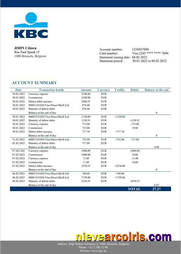 Belgium KBC bank statement in Word and PDF format
